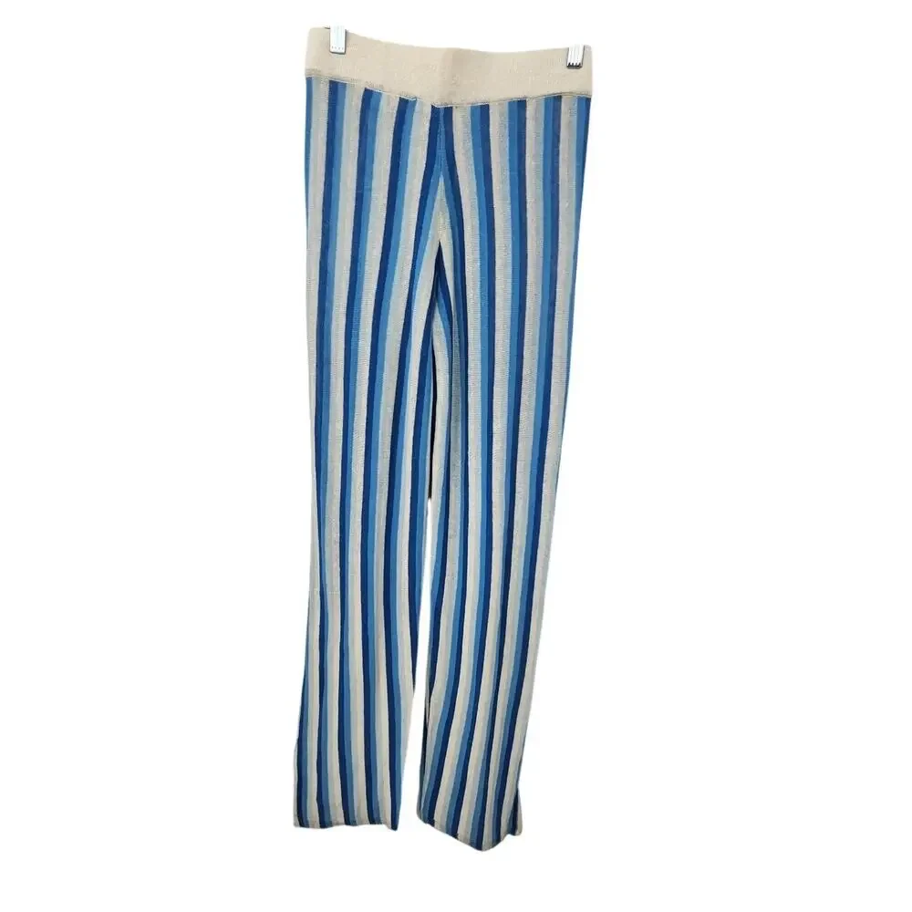New NWT Zara Linen Wide Leg Blue White Stripe Pants‎ Size Small